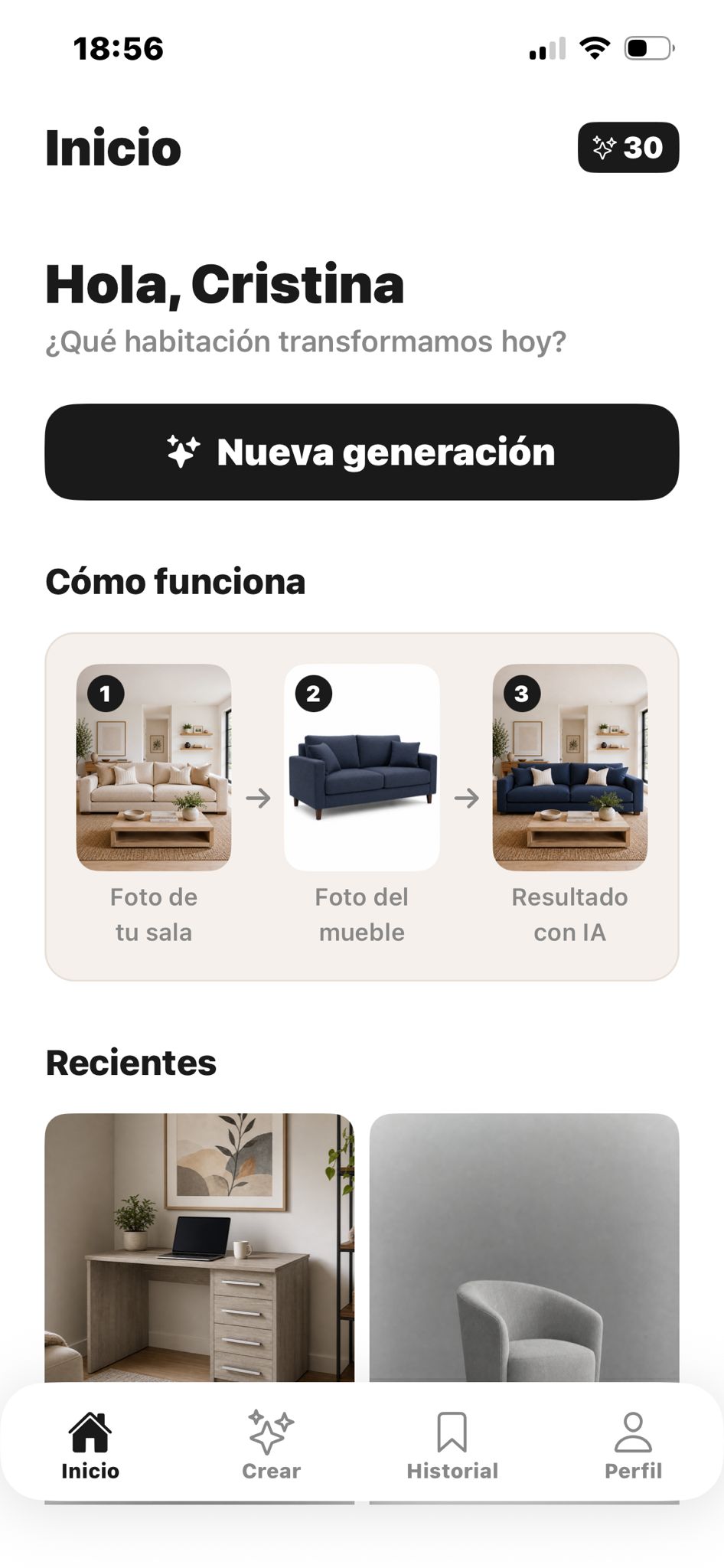 Pantalla de la app